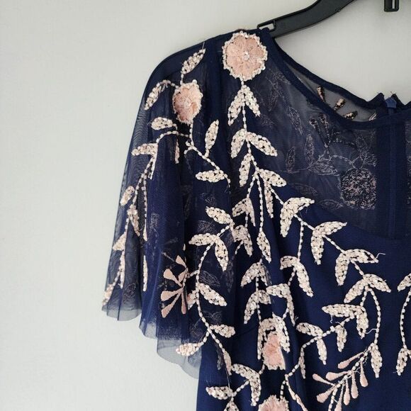 Adrianna Papell Illusion Cocktail Dress | Beaded | Flutter Sleeve, Sheer, Size 4 - Picture 3 of 13